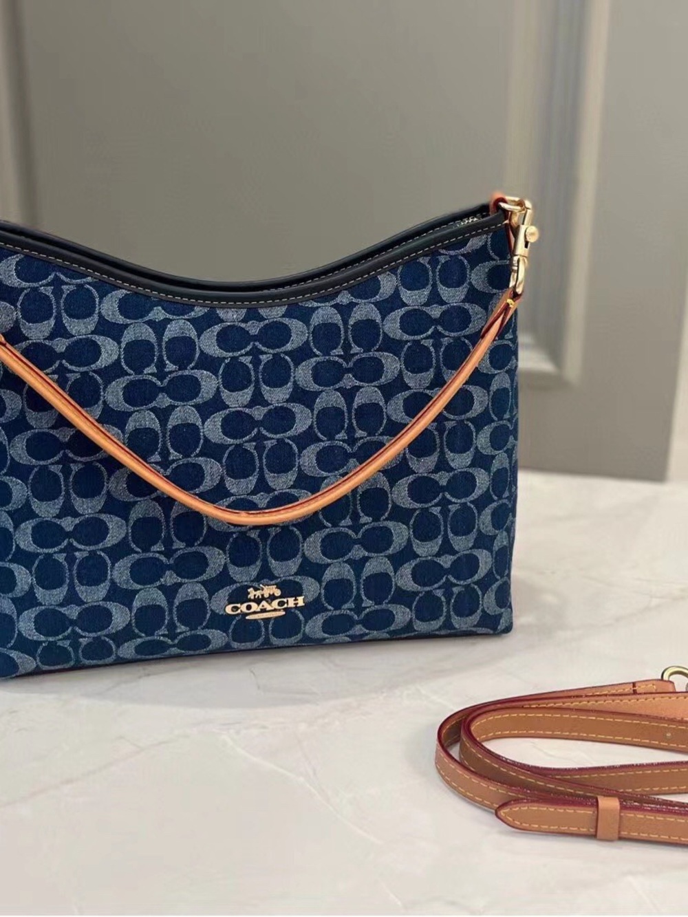 Coach Signature Denim Shoulder Bag with Tan Trim